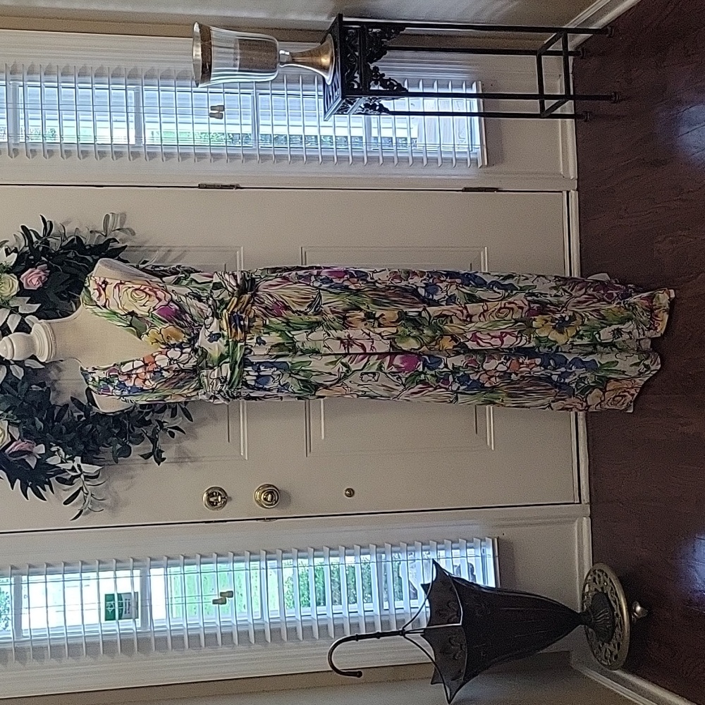 Jonathan Martin multicolor floral maxi dress sleeveless stretch Vneck empire 10…